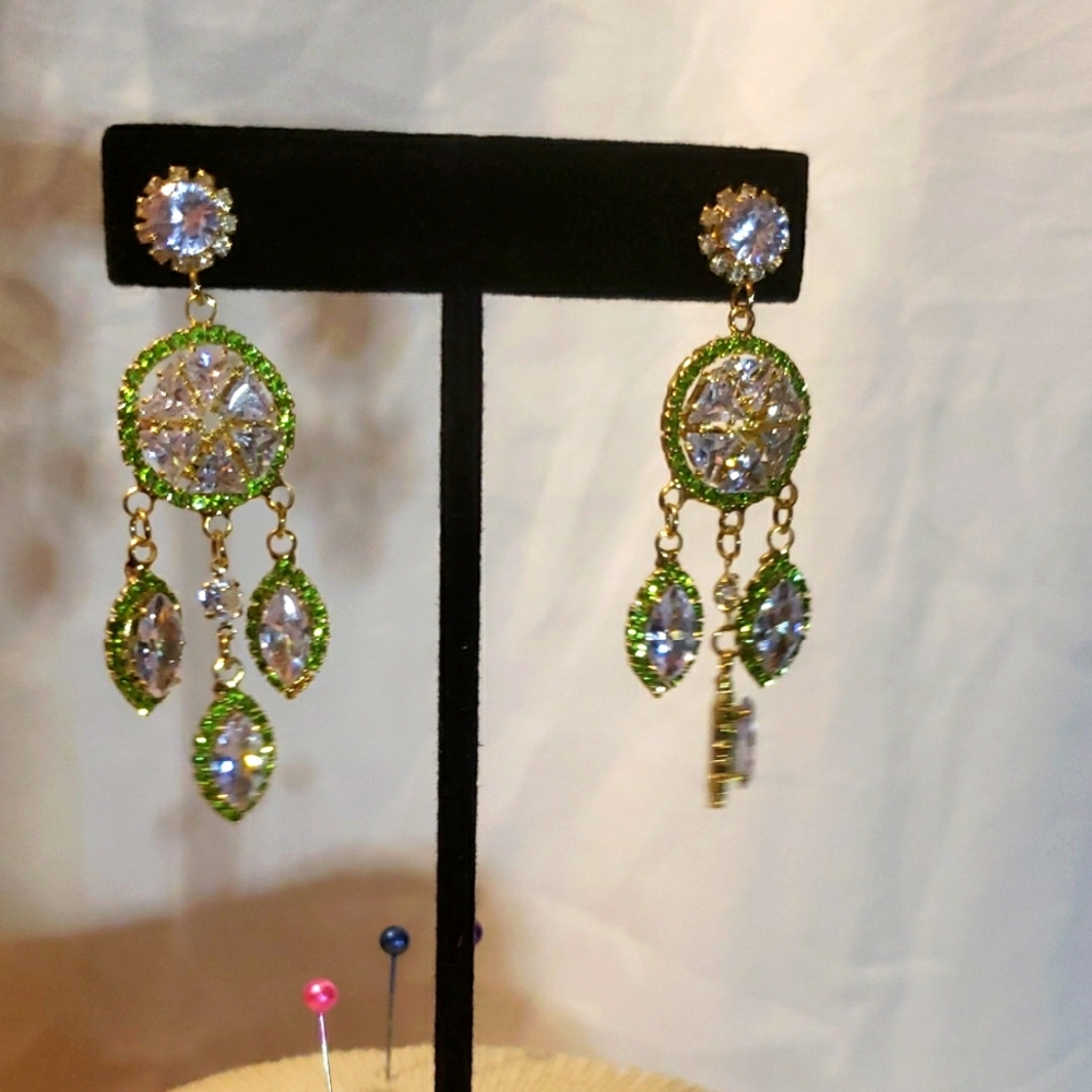 Dreamcatcher Green & White Crystal Dangle Earrings Gold Plated